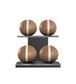 Luxury fitness equipment, 4 leather medicine ball on horizontal wooden stand, handcrafted with premium Italian brown base leather, white accent leather and black ash wood. PENT. MOXA Set