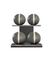 Luxury fitness equipment, 4 leather medicine ball on horizontal wooden stand, handcrafted with premium Italian grey base leather, beige accent leather and black ash wood. PENT. MOXA Set