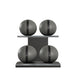 Luxury fitness equipment, 4 leather medicine ball on horizontal wooden stand, handcrafted with premium Italian grey base leather, black accent leather and black ash wood. PENT. MOXA Set