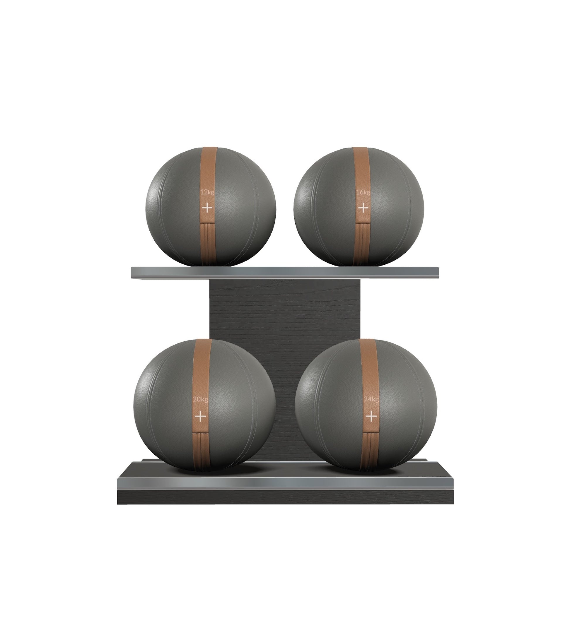 Luxury fitness equipment, 4 leather medicine ball on horizontal wooden stand, handcrafted with premium Italian grey base leather, brown accent leather and black ash wood. PENT. MOXA Set