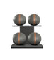 Luxury fitness equipment, 4 leather medicine ball on horizontal wooden stand, handcrafted with premium Italian grey base leather, brown accent leather and black ash wood. PENT. MOXA Set