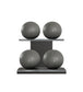 Luxury fitness equipment, 4 leather medicine ball on horizontal wooden stand, handcrafted with premium Italian grey base leather, grey accent leather and black ash wood. PENT. MOXA Set