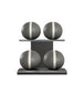 Luxury fitness equipment, 4 leather medicine ball on horizontal wooden stand, handcrafted with premium Italian grey base leather, white accent leather and black ash wood. PENT. MOXA Set