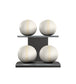 Luxury fitness equipment, 4 leather medicine ball on horizontal wooden stand, handcrafted with premium Italian white base leather, beige accent leather and black ash wood. PENT. MOXA Set