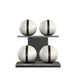 Luxury fitness equipment, 4 leather medicine ball on horizontal wooden stand, handcrafted with premium Italian white base leather, black accent leather and black ash wood. PENT. MOXA Set