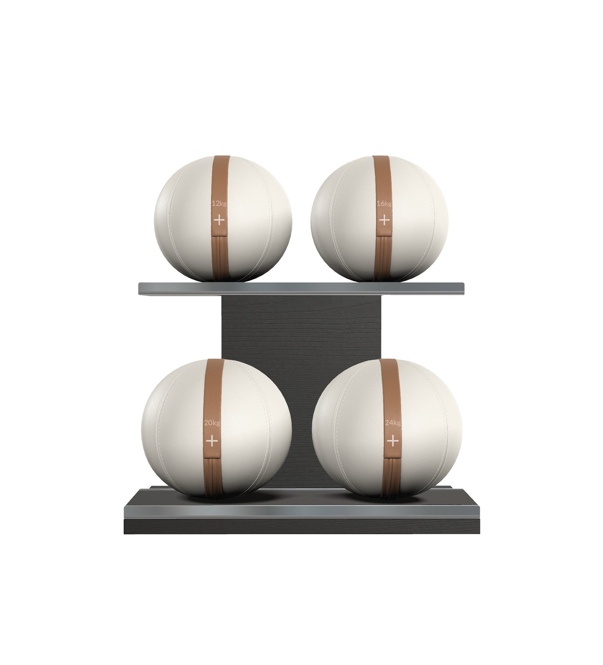 Luxury fitness equipment, 4 leather medicine ball on horizontal wooden stand, handcrafted with premium Italian white base leather, brown accent leather and black ash wood. PENT. MOXA Set