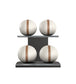 Luxury fitness equipment, 4 leather medicine ball on horizontal wooden stand, handcrafted with premium Italian white base leather, brown accent leather and black ash wood. PENT. MOXA Set