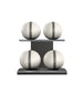 Luxury fitness equipment, 4 leather medicine ball on horizontal wooden stand, handcrafted with premium Italian white base leather, grey accent leather and black ash wood. PENT. MOXA Set