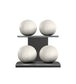 Luxury fitness equipment, 4 leather medicine ball on horizontal wooden stand, handcrafted with premium Italian white base leather, white accent leather and black ash wood. PENT. MOXA Set