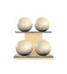 Luxury fitness equipment, 4 leather medicine ball on horizontal wooden stand, handcrafted with premium Italian white base leather, beige accent leather and natural ash wood. PENT. MOXA Set