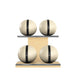 Luxury fitness equipment, 4 leather medicine ball on horizontal wooden stand, handcrafted with premium Italian white base leather, black accent leather and natural ash wood. PENT. MOXA Set