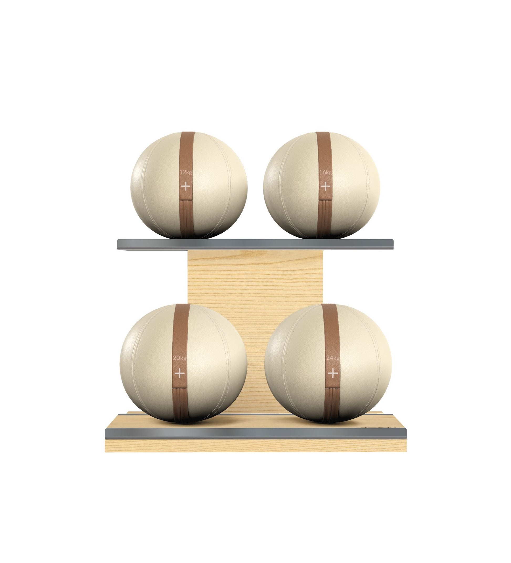 Luxury fitness equipment, 4 leather medicine ball on horizontal wooden stand, handcrafted with premium Italian white base leather, brown accent leather and natural ash wood. PENT. MOXA Set