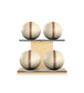 Luxury fitness equipment, 4 leather medicine ball on horizontal wooden stand, handcrafted with premium Italian white base leather, brown accent leather and natural ash wood. PENT. MOXA Set