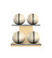 Luxury fitness equipment, 4 leather medicine ball on horizontal wooden stand, handcrafted with premium Italian white base leather, grey accent leather and natural ash wood. PENT. MOXA Set