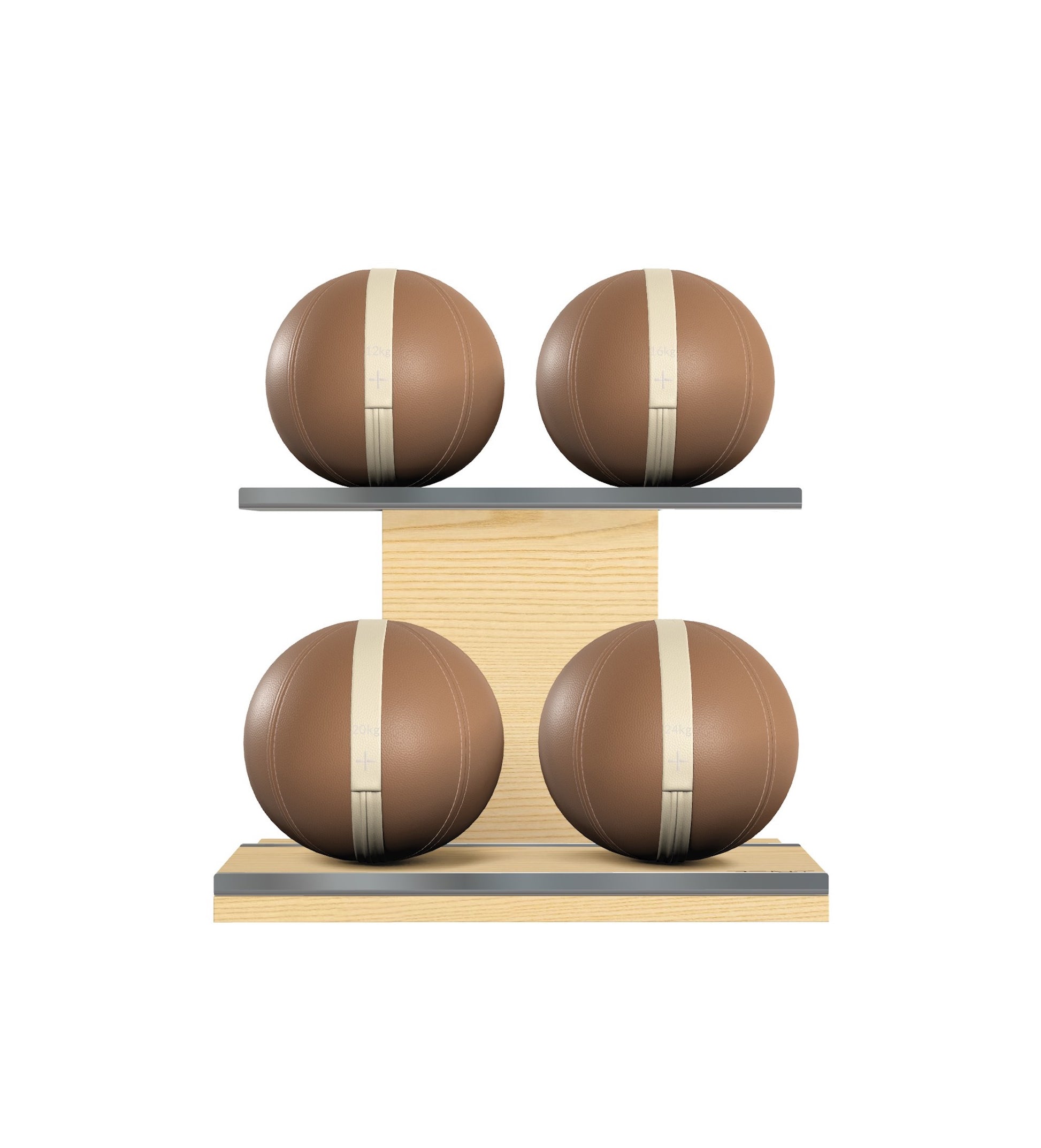 Luxury fitness equipment, 4 leather medicine ball on horizontal wooden stand, handcrafted with premium Italian brown base leather, beige accent leather and natural ash wood. PENT. MOXA Set