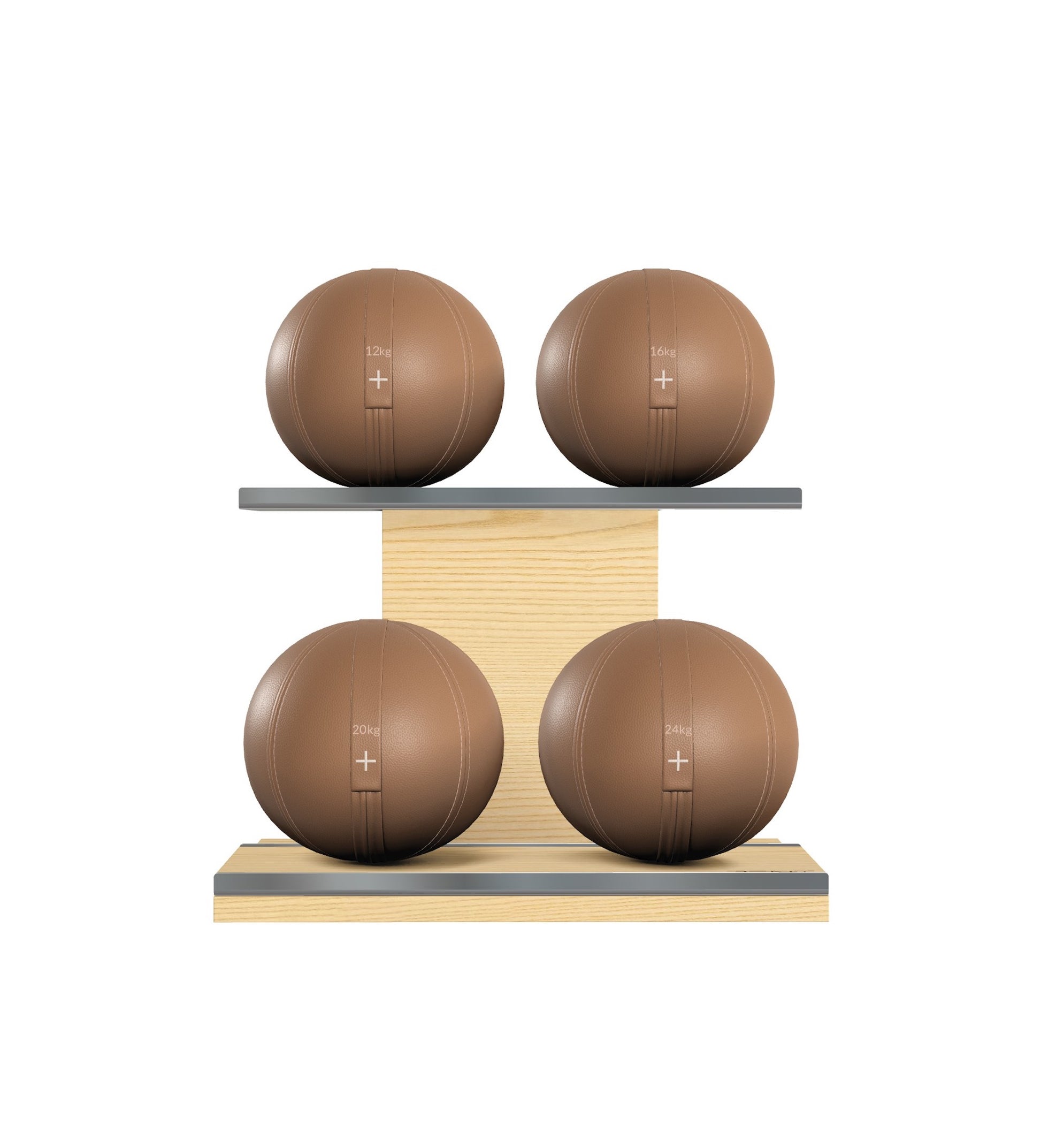 Luxury fitness equipment, 4 leather medicine ball on horizontal wooden stand, handcrafted with premium Italian brown base leather, brown accent leather and natural ash wood. PENT. MOXA Set