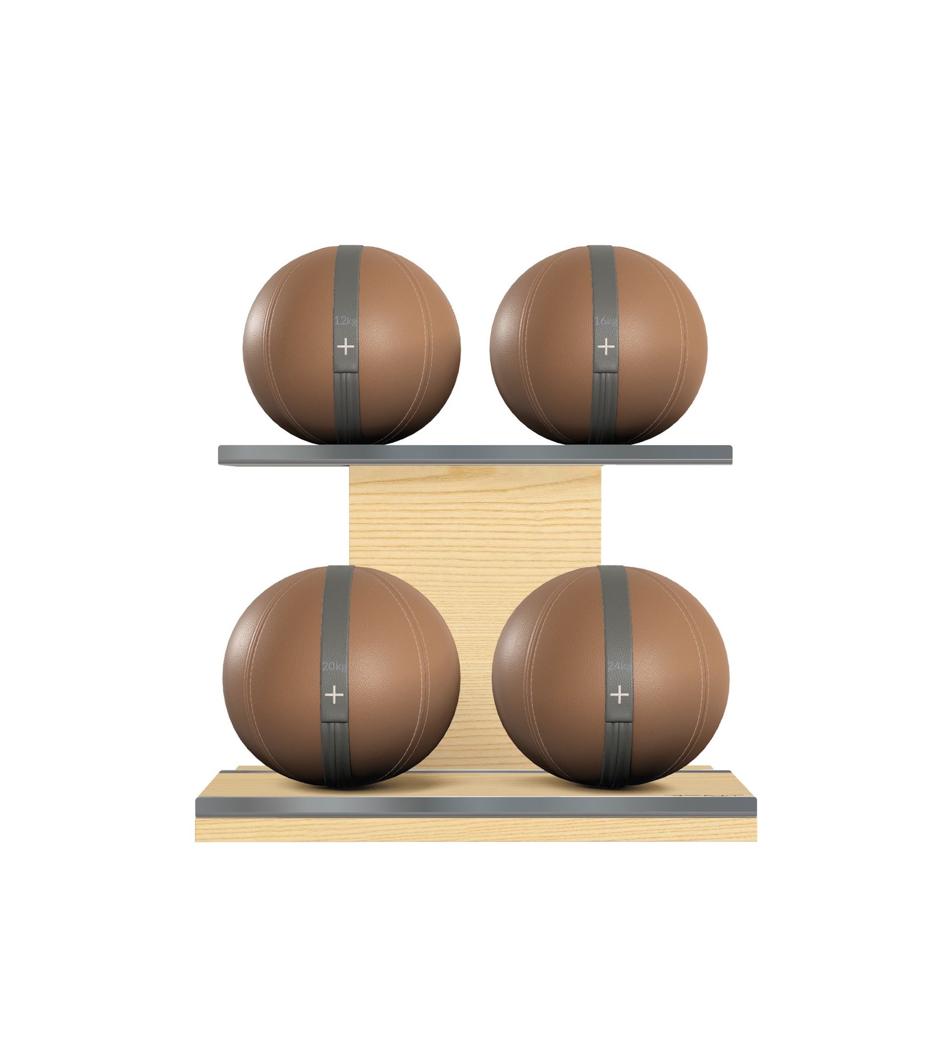 Luxury fitness equipment, 4 leather medicine ball on horizontal wooden stand, handcrafted with premium Italian brown base leather, grey accent leather and natural ash wood. PENT. MOXA Set