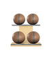 Luxury fitness equipment, 4 leather medicine ball on horizontal wooden stand, handcrafted with premium Italian brown base leather, grey accent leather and natural ash wood. PENT. MOXA Set