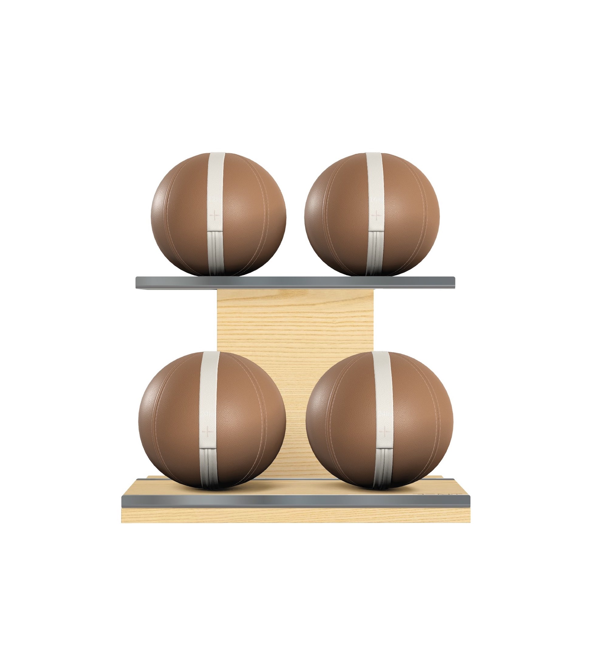 Luxury fitness equipment, 4 leather medicine ball on horizontal wooden stand, handcrafted with premium Italian brown base leather, white accent leather and natural ash wood. PENT. MOXA Set