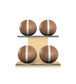 Luxury fitness equipment, 4 leather medicine ball on horizontal wooden stand, handcrafted with premium Italian brown base leather, white accent leather and natural ash wood. PENT. MOXA Set