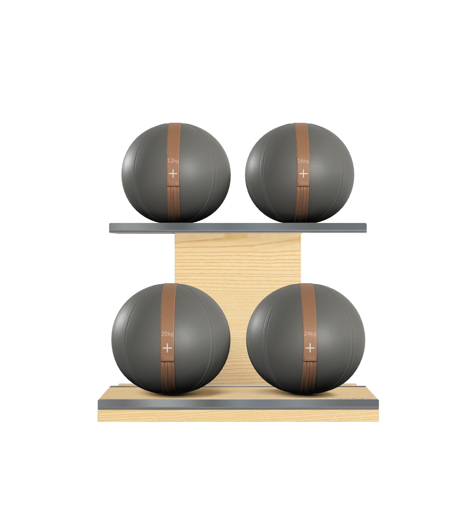 Luxury fitness equipment, 4 leather medicine ball on horizontal wooden stand, handcrafted with premium Italian grey base leather, brown accent leather and natural ash wood. PENT. MOXA Set
