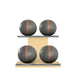 Luxury fitness equipment, 4 leather medicine ball on horizontal wooden stand, handcrafted with premium Italian grey base leather, brown accent leather and natural ash wood. PENT. MOXA Set
