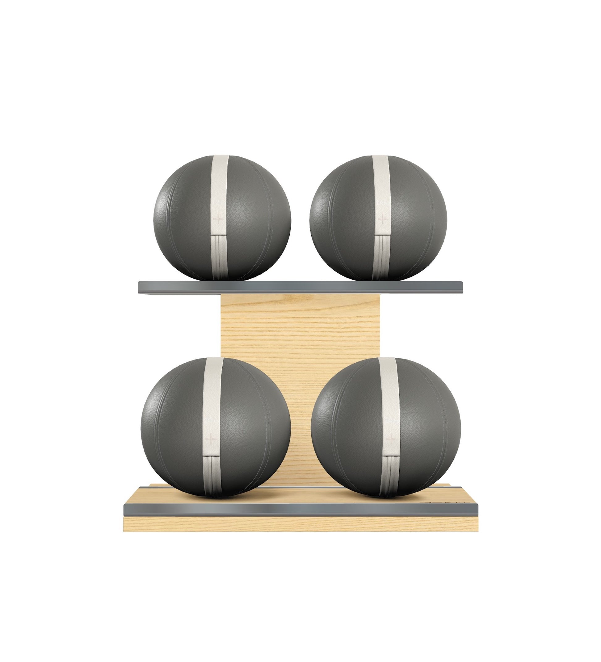 Luxury fitness equipment, 4 leather medicine ball on horizontal wooden stand, handcrafted with premium Italian grey base leather, white accent leather and natural ash wood. PENT. MOXA Set