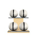 Luxury fitness equipment, 4 leather medicine ball on horizontal wooden stand, handcrafted with premium Italian white base leather, black accent leather and natural ash wood. PENT. MOXA Set