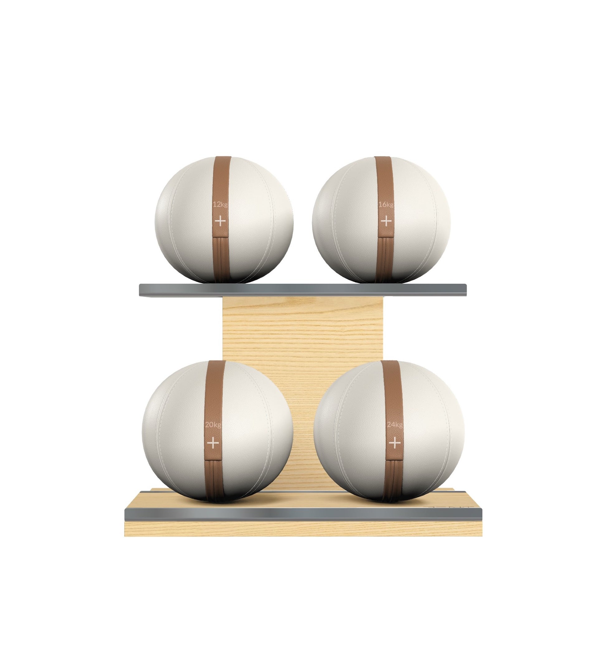 Luxury fitness equipment, 4 leather medicine ball on horizontal wooden stand, handcrafted with premium Italian white base leather, brown accent leather and natural ash wood. PENT. MOXA Set