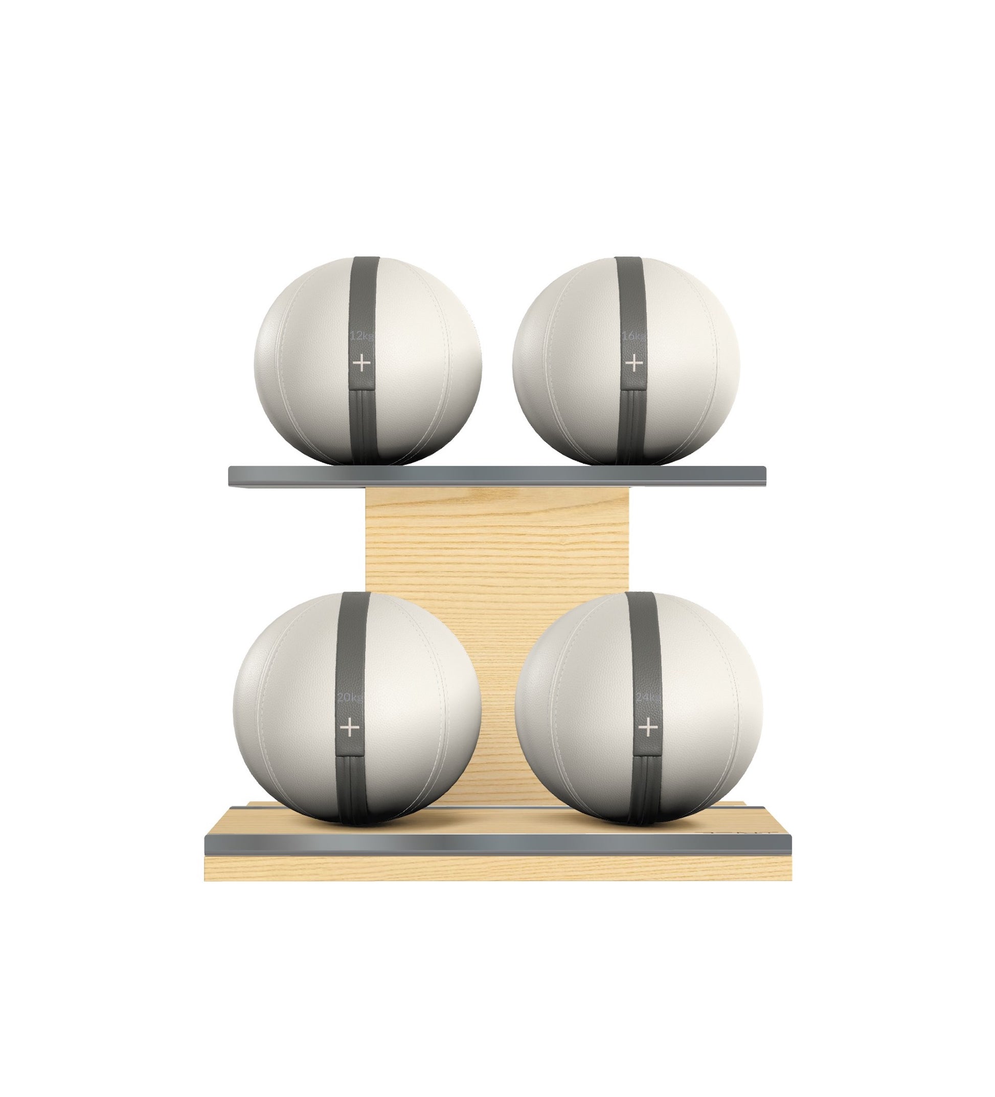 Luxury fitness equipment, 4 leather medicine ball on horizontal wooden stand, handcrafted with premium Italian white base leather, grey accent leather and natural ash wood. PENT. MOXA Set