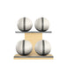 Luxury fitness equipment, 4 leather medicine ball on horizontal wooden stand, handcrafted with premium Italian white base leather, grey accent leather and natural ash wood. PENT. MOXA Set