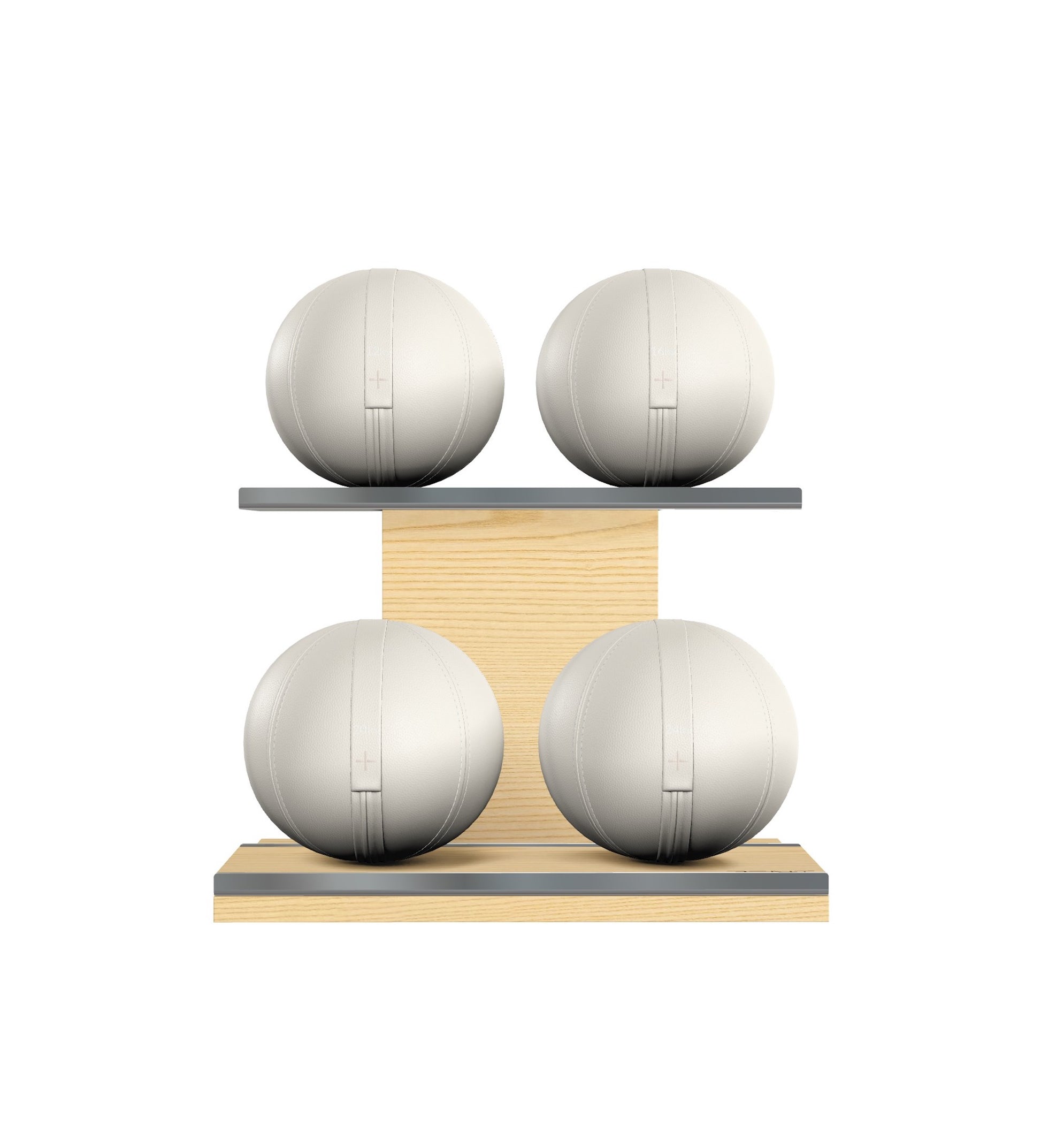 Luxury fitness equipment, 4 leather medicine ball on horizontal wooden stand, handcrafted with premium Italian white base leather, white accent leather and natural ash wood. PENT. MOXA Set