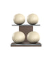 Luxury fitness equipment, 4 leather medicine ball on horizontal wooden stand, handcrafted with premium Italian beige base leather, beige accent leather and dark walnut wood. PENT. MOXA Set