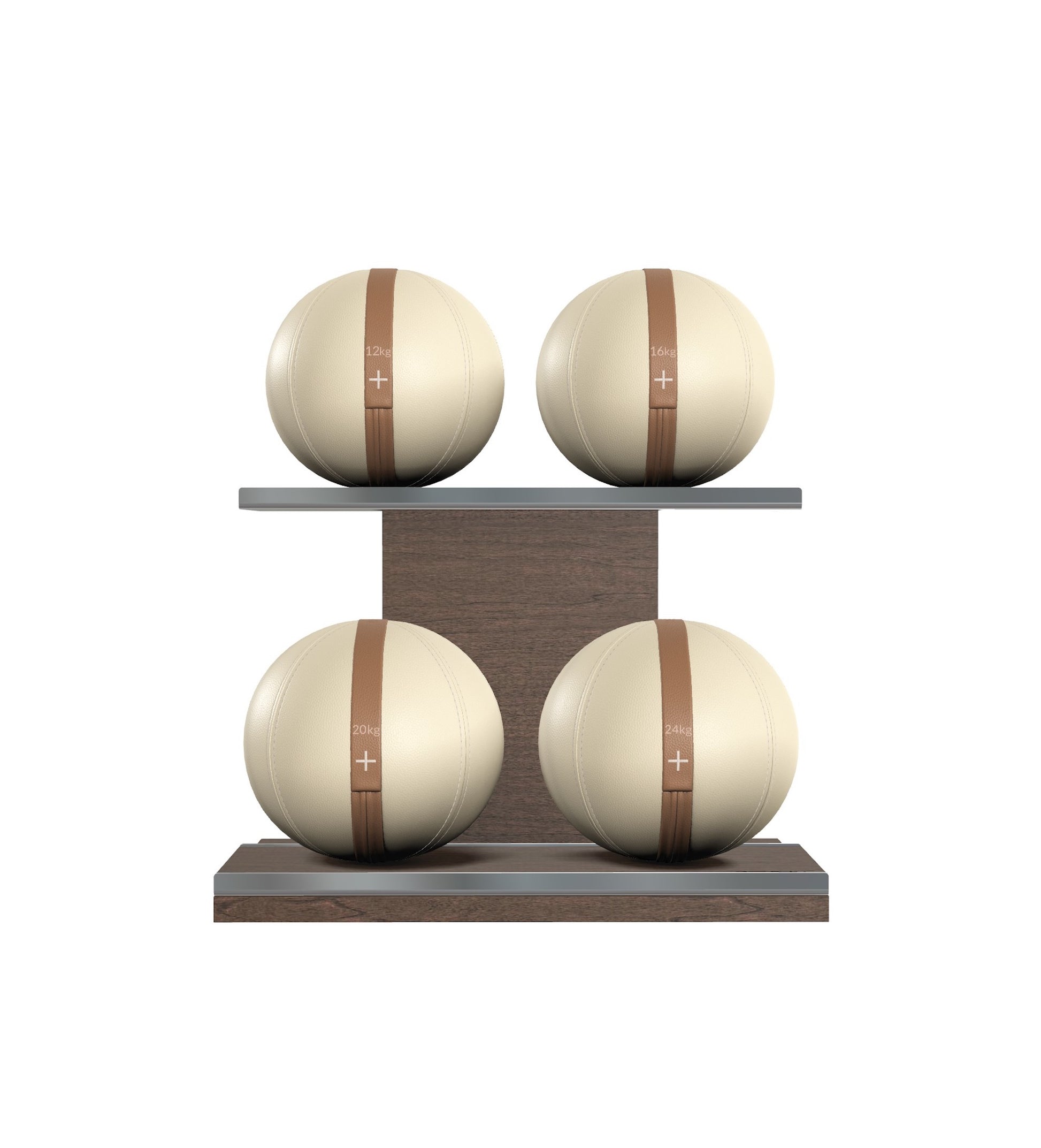Luxury fitness equipment, 4 leather medicine ball on horizontal wooden stand, handcrafted with premium Italian beige base leather, brown accent leather and dark walnut wood. PENT. MOXA Set