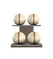 Luxury fitness equipment, 4 leather medicine ball on horizontal wooden stand, handcrafted with premium Italian beige base leather, brown accent leather and dark walnut wood. PENT. MOXA Set