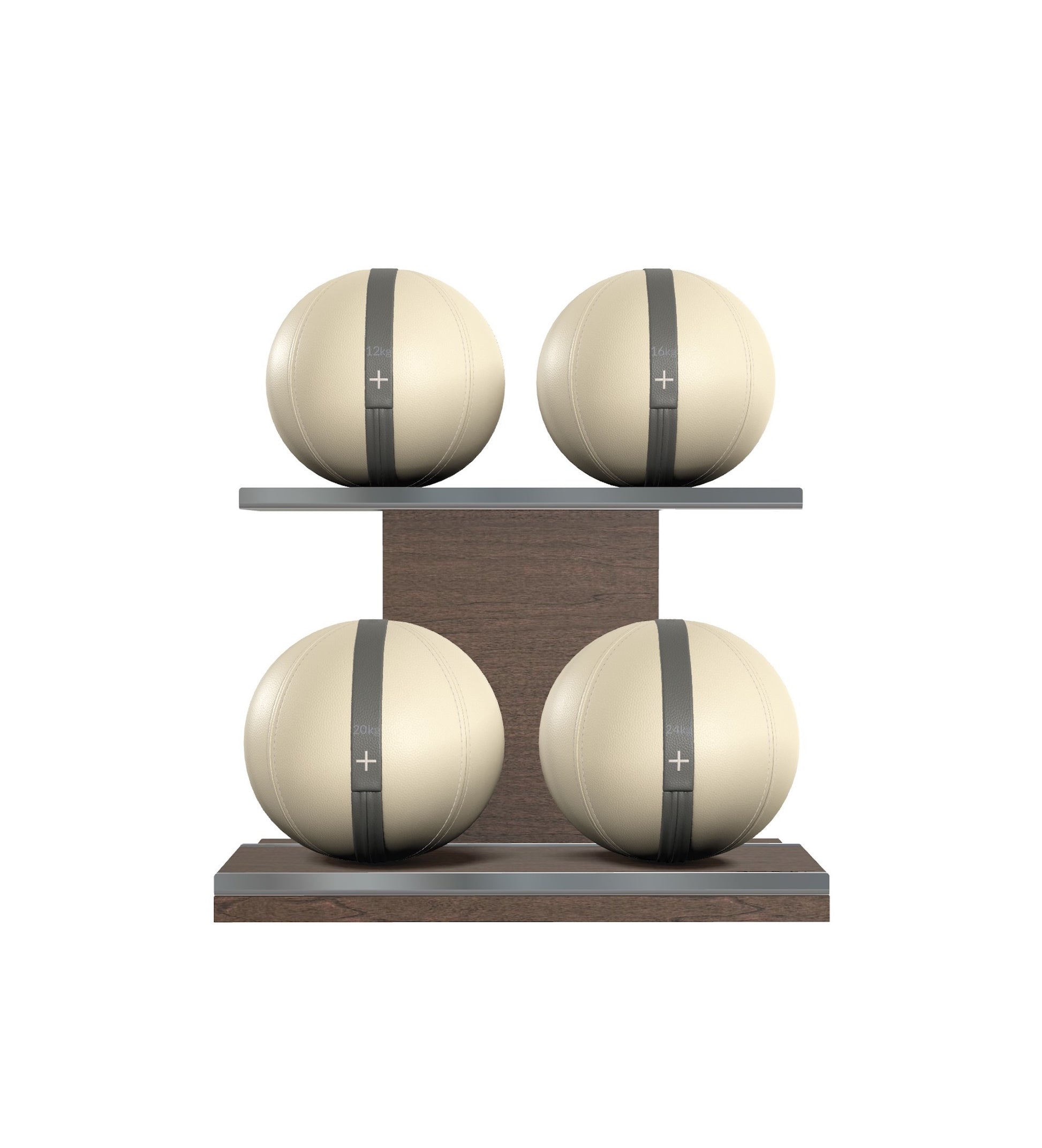 Luxury fitness equipment, 4 leather medicine ball on horizontal wooden stand, handcrafted with premium Italian beige base leather, grey accent leather and dark walnut wood. PENT. MOXA Set