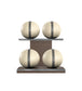 Luxury fitness equipment, 4 leather medicine ball on horizontal wooden stand, handcrafted with premium Italian beige base leather, grey accent leather and dark walnut wood. PENT. MOXA Set