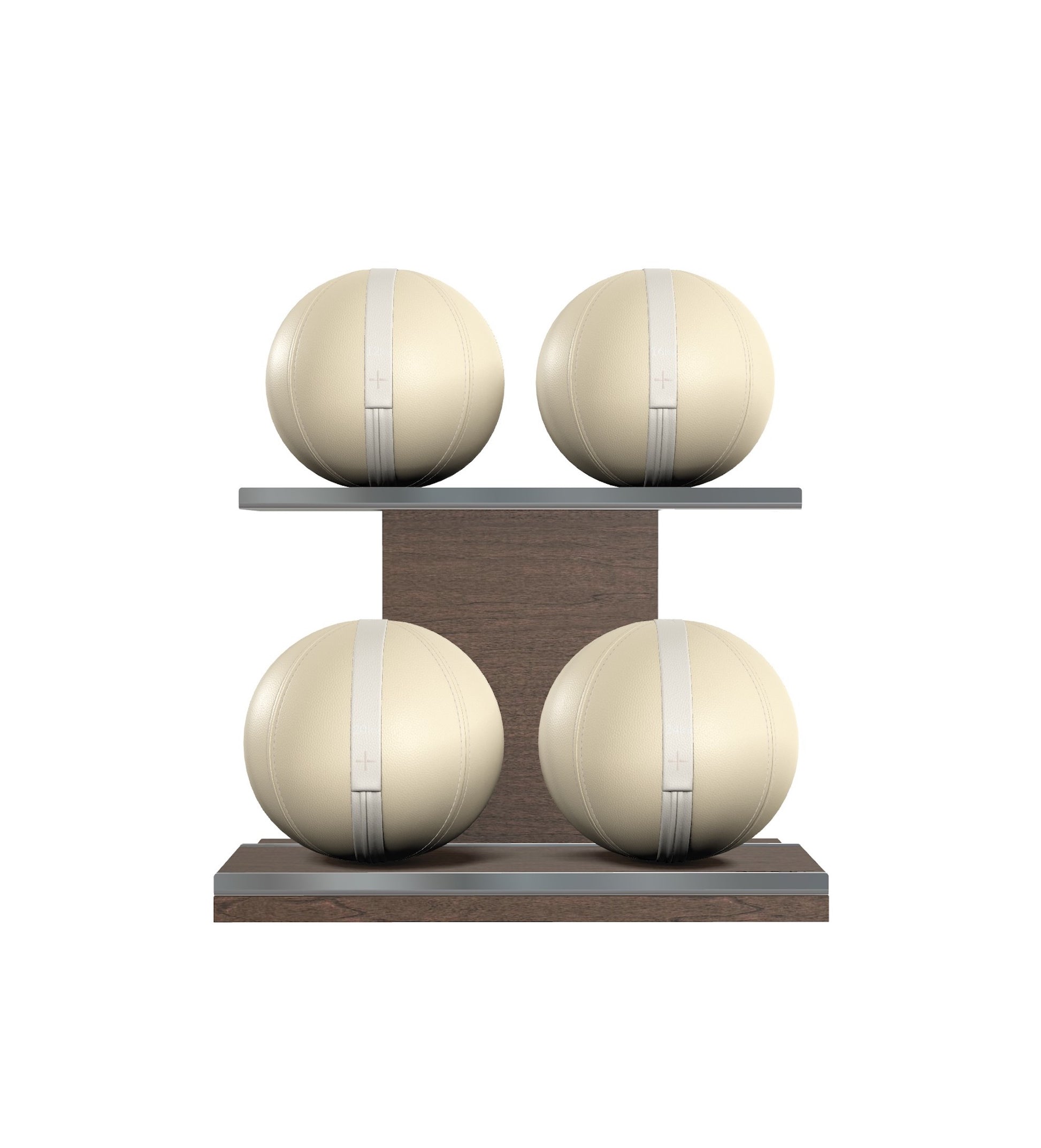 Luxury fitness equipment, 4 leather medicine ball on horizontal wooden stand, handcrafted with premium Italian beige base leather, white accent leather and dark walnut wood. PENT. MOXA Set