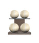 Luxury fitness equipment, 4 leather medicine ball on horizontal wooden stand, handcrafted with premium Italian beige base leather, white accent leather and dark walnut wood. PENT. MOXA Set