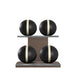 Luxury fitness equipment, 4 leather medicine ball on horizontal wooden stand, handcrafted with premium Italian black base leather, beige accent leather and dark walnut wood. PENT. MOXA Set