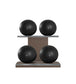 Luxury fitness equipment, 4 leather medicine ball on horizontal wooden stand, handcrafted with premium Italian black base leather, black accent leather and dark walnut wood. PENT. MOXA Set