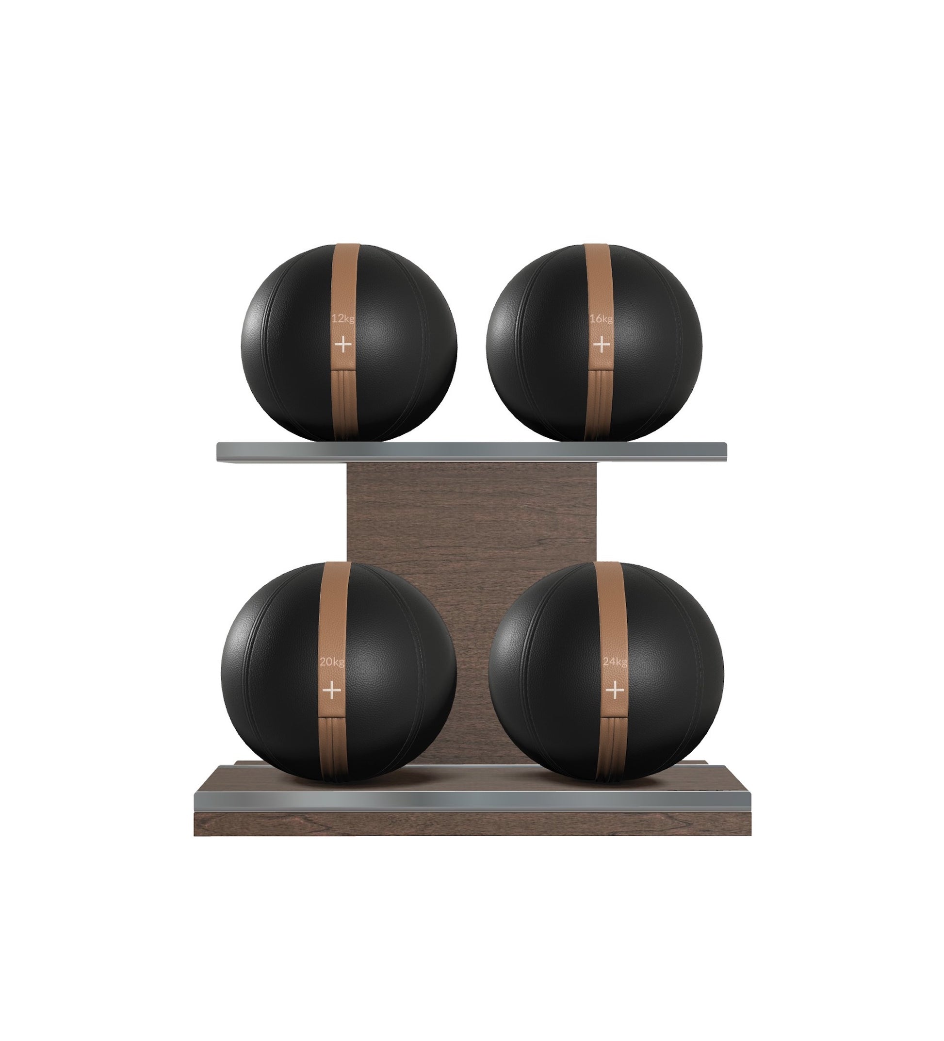 Luxury fitness equipment, 4 leather medicine ball on horizontal wooden stand, handcrafted with premium Italian black base leather, brown accent leather and dark walnut wood. PENT. MOXA Set
