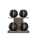 Luxury fitness equipment, 4 leather medicine ball on horizontal wooden stand, handcrafted with premium Italian black base leather, brown accent leather and dark walnut wood. PENT. MOXA Set