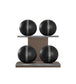 Luxury fitness equipment, 4 leather medicine ball on horizontal wooden stand, handcrafted with premium Italian black base leather, grey accent leather and dark walnut wood. PENT. MOXA Set