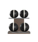 Luxury fitness equipment, 4 leather medicine ball on horizontal wooden stand, handcrafted with premium Italian black base leather, white accent leather and dark walnut wood. PENT. MOXA Set