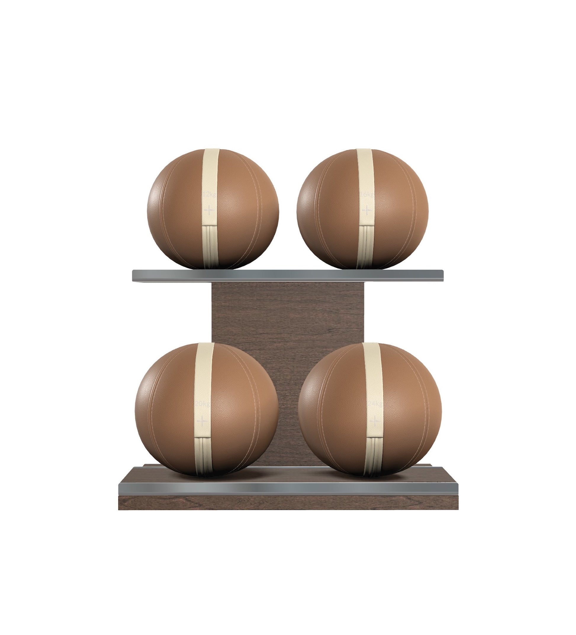Luxury fitness equipment, 4 leather medicine ball on horizontal wooden stand, handcrafted with premium Italian brown base leather, beige accent leather and dark walnut wood. PENT. MOXA Set