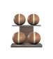 Luxury fitness equipment, 4 leather medicine ball on horizontal wooden stand, handcrafted with premium Italian brown base leather, beige accent leather and dark walnut wood. PENT. MOXA Set