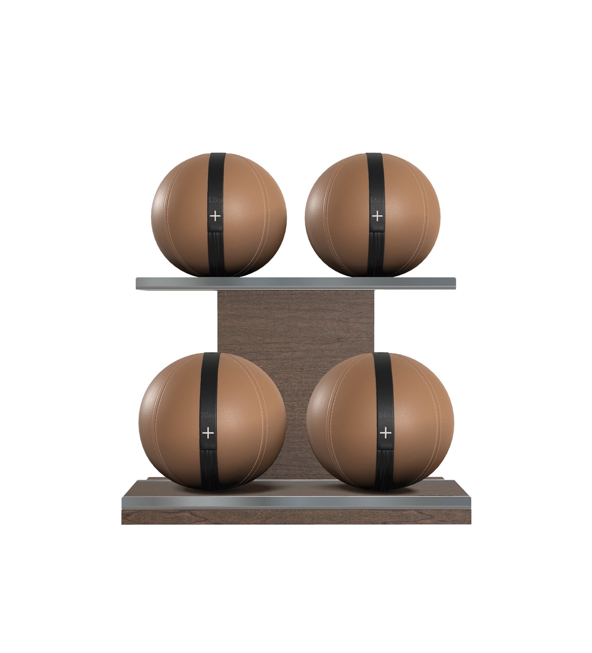 Luxury fitness equipment, 4 leather medicine ball on horizontal wooden stand, handcrafted with premium Italian brown base leather, black accent leather and dark walnut wood. PENT. MOXA Set