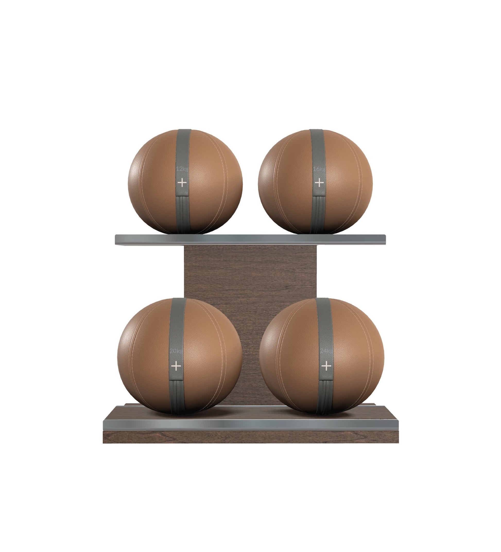 Luxury fitness equipment, 4 leather medicine ball on horizontal wooden stand, handcrafted with premium Italian brown base leather, grey accent leather and dark walnut wood. PENT. MOXA Set