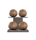 Luxury fitness equipment, 4 leather medicine ball on horizontal wooden stand, handcrafted with premium Italian brown base leather, grey accent leather and dark walnut wood. PENT. MOXA Set